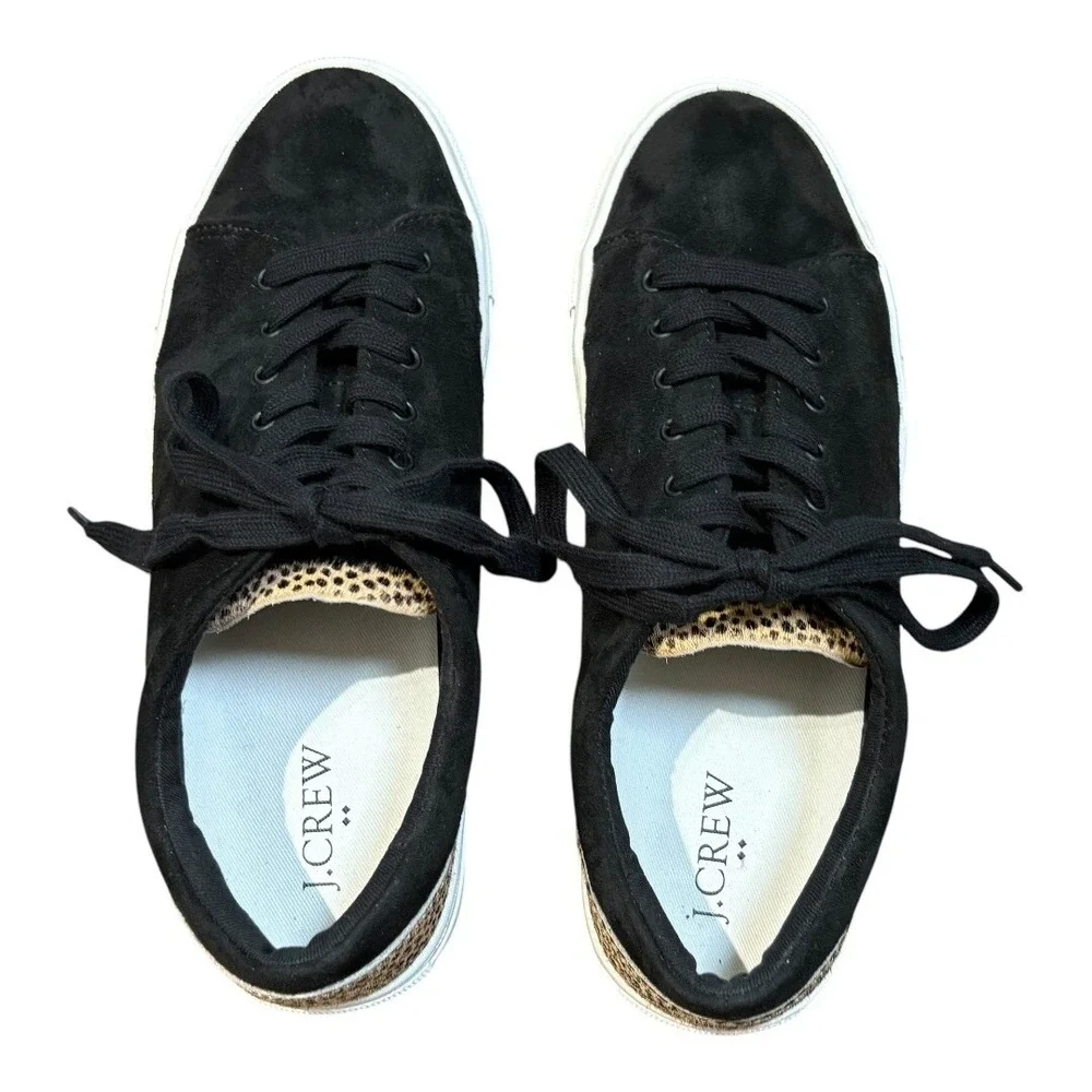 J.Crew Sneakers Women 8.5‎ Black Leopard Calf Hair Low Top Lace Up AS687 FA20